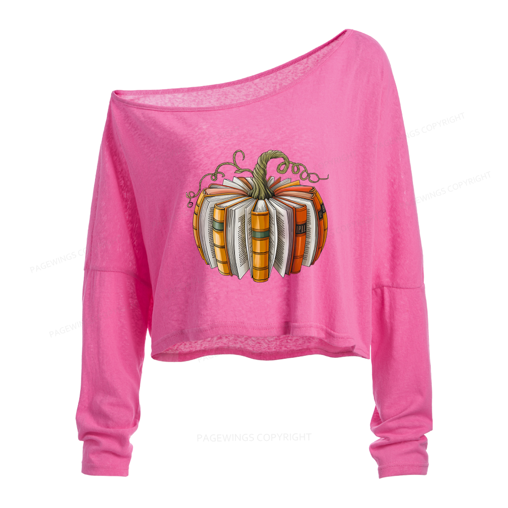 Pagewings Fall Book Pumpkin Slouchy Long Sleeve Off Shoulder T-shirt