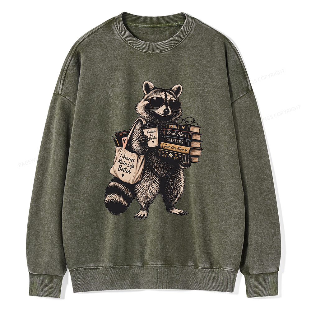 Pagewings Book Lover Raccoon Unisex Washed Sweatshirt