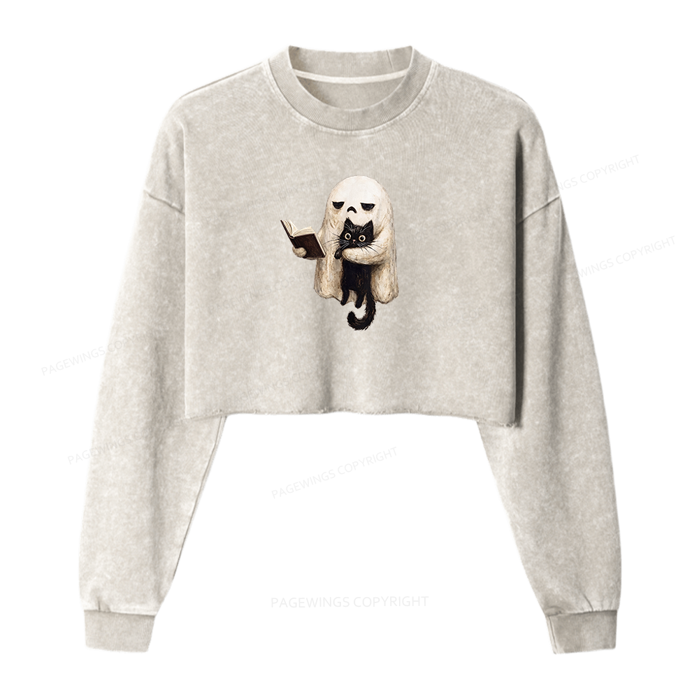 Pagewings Ghost Cat Washed Crop Sweatshirt