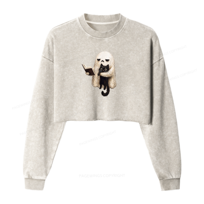 Pagewings Ghost Cat Washed Crop Sweatshirt