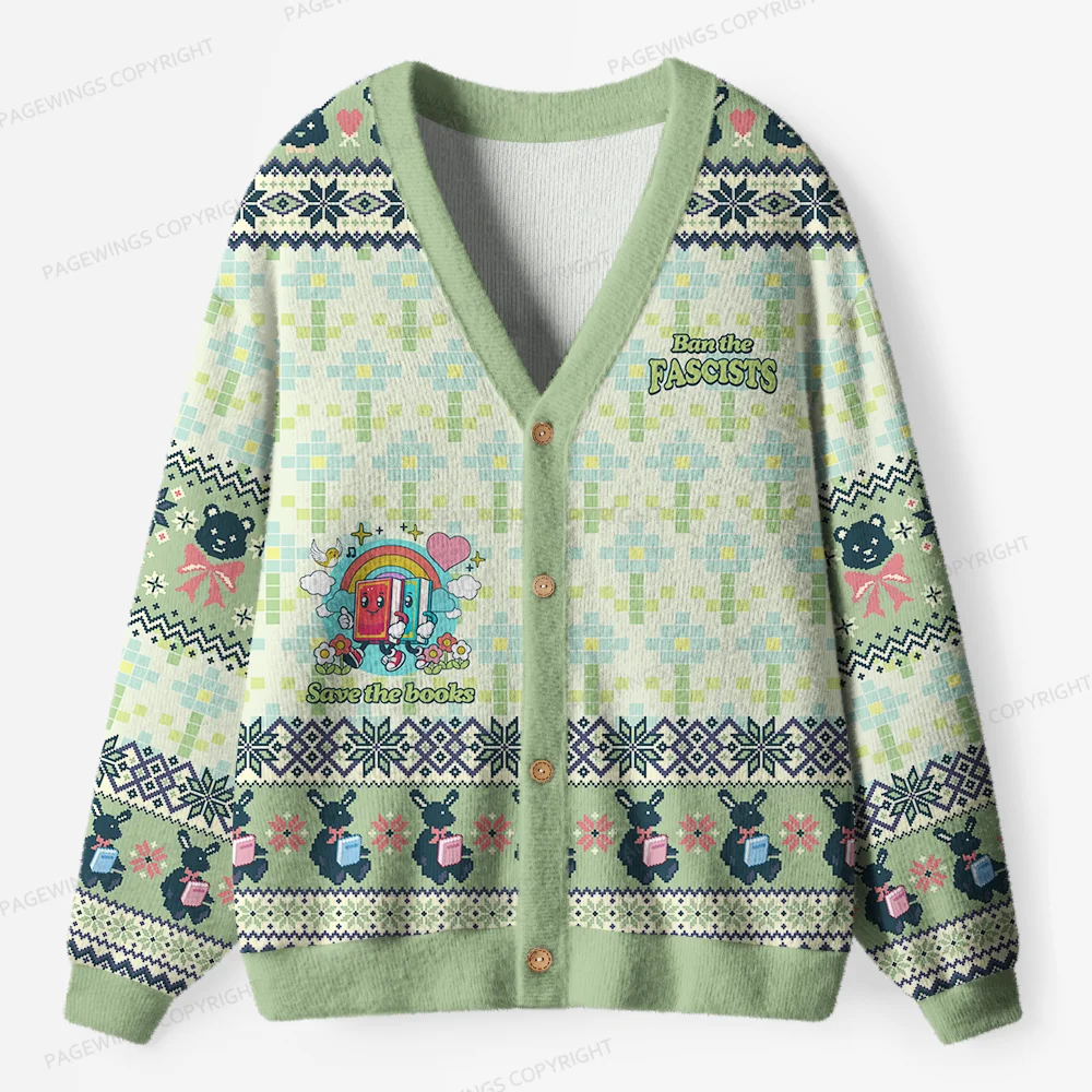 Pagewings Ban The Fascists Save The Books Unisex Ugly Cardigan Sweaters