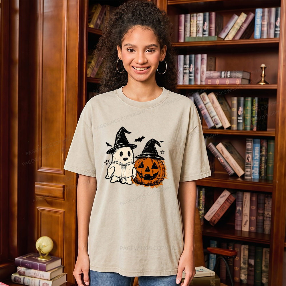 Pagewings Spooky Ghost Pumpkin Halloween Unisex Washed T-shirt