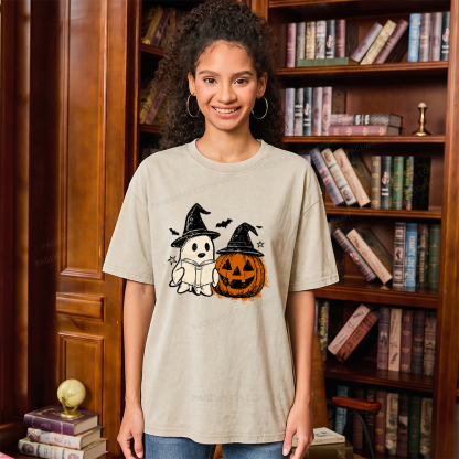 Pagewings Spooky Ghost Pumpkin Halloween Unisex Washed T-shirt