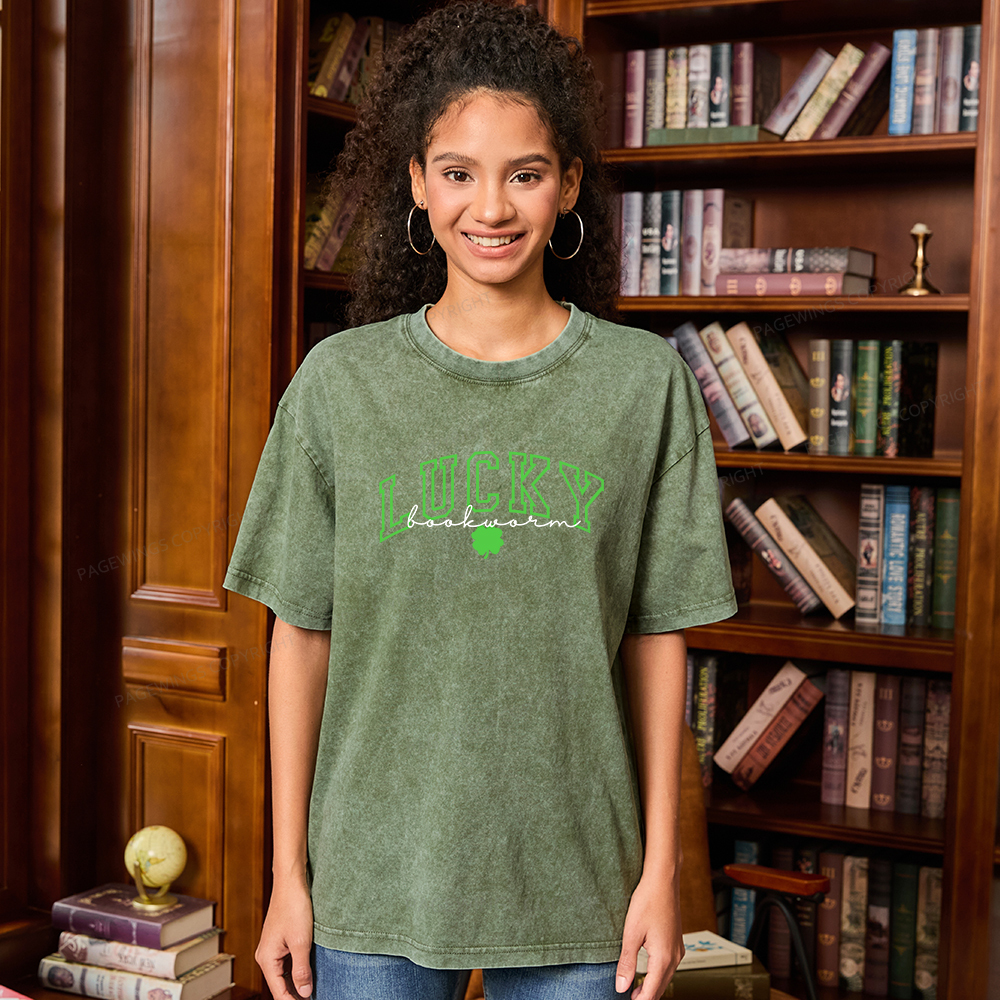 Pagewings St Patrick’s Day Lucky Bookworm Unisex Washed T-shirt