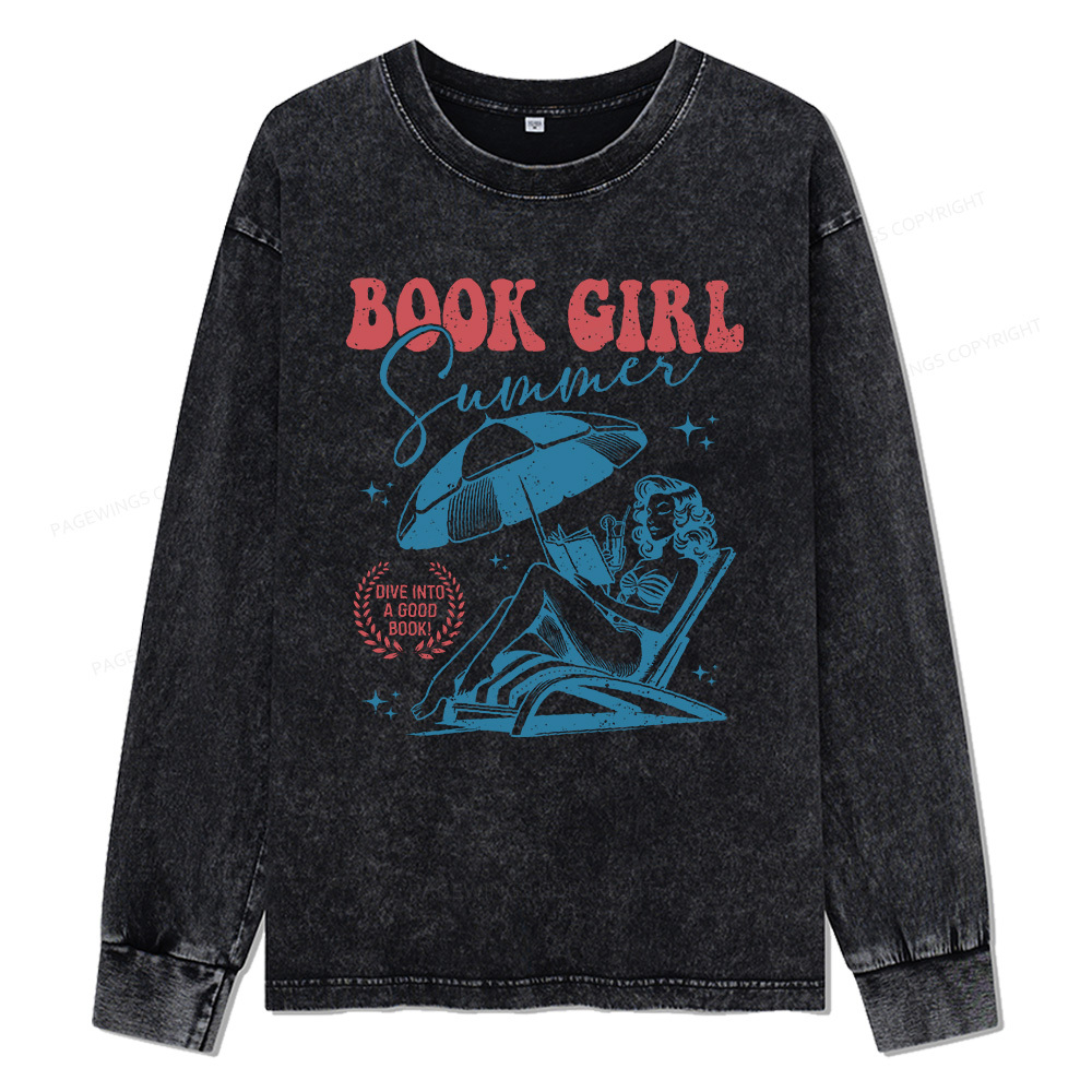 Pagewings Book Girl Summer Unisex Washed Long Sleeve T-shirt