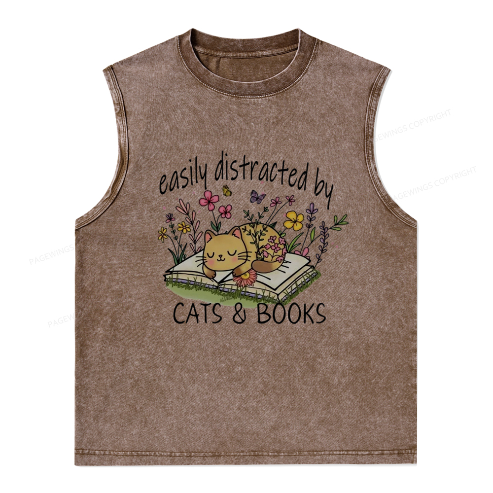 Pagewings Easily Distracted By Cats And Books Unisex Washed Tank Top