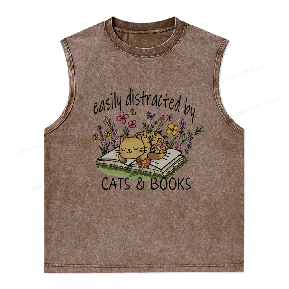 Pagewings Easily Distracted By Cats And Books Unisex Washed Tank Top