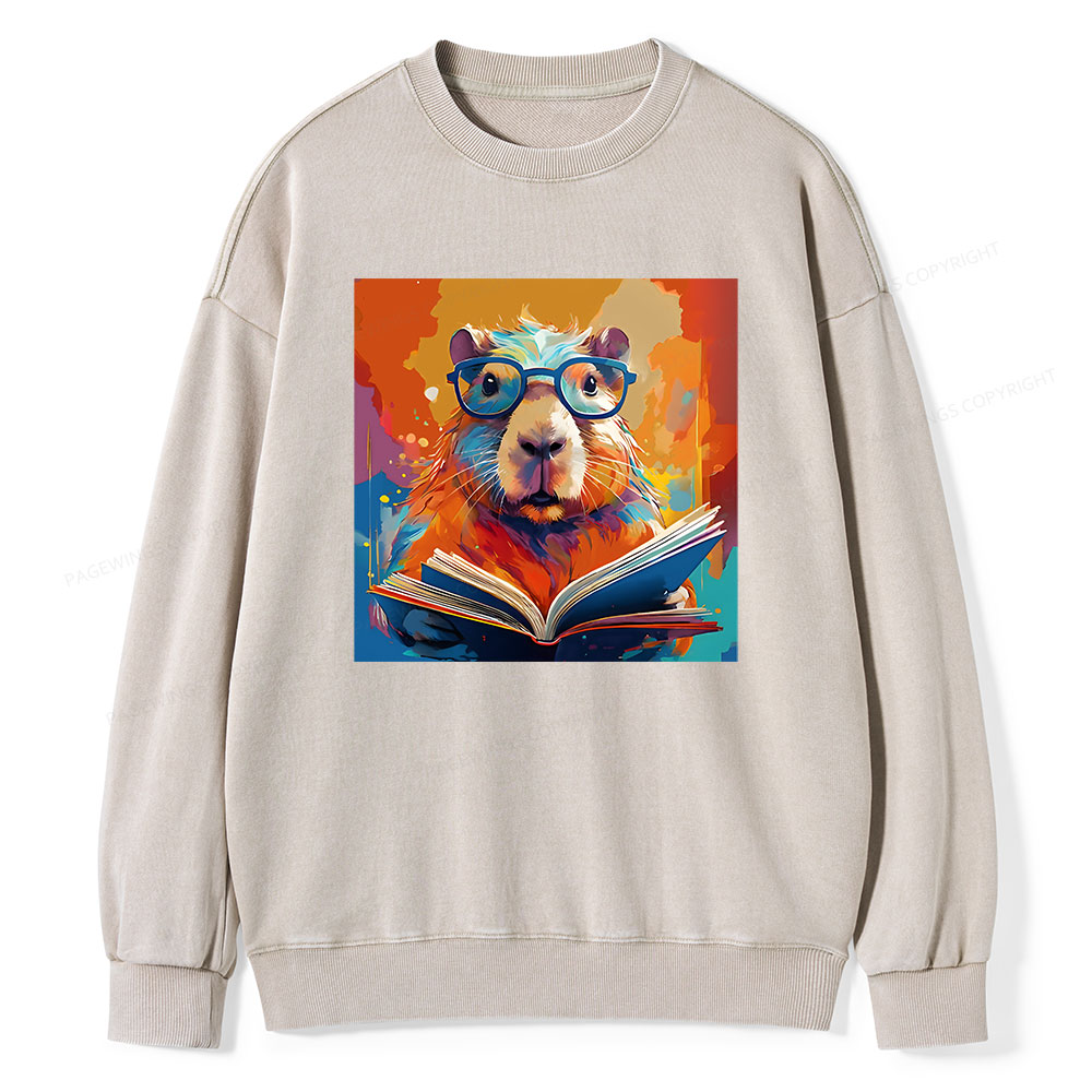 Pagewings Reading Capybar Unisex Washed Sweatshirt