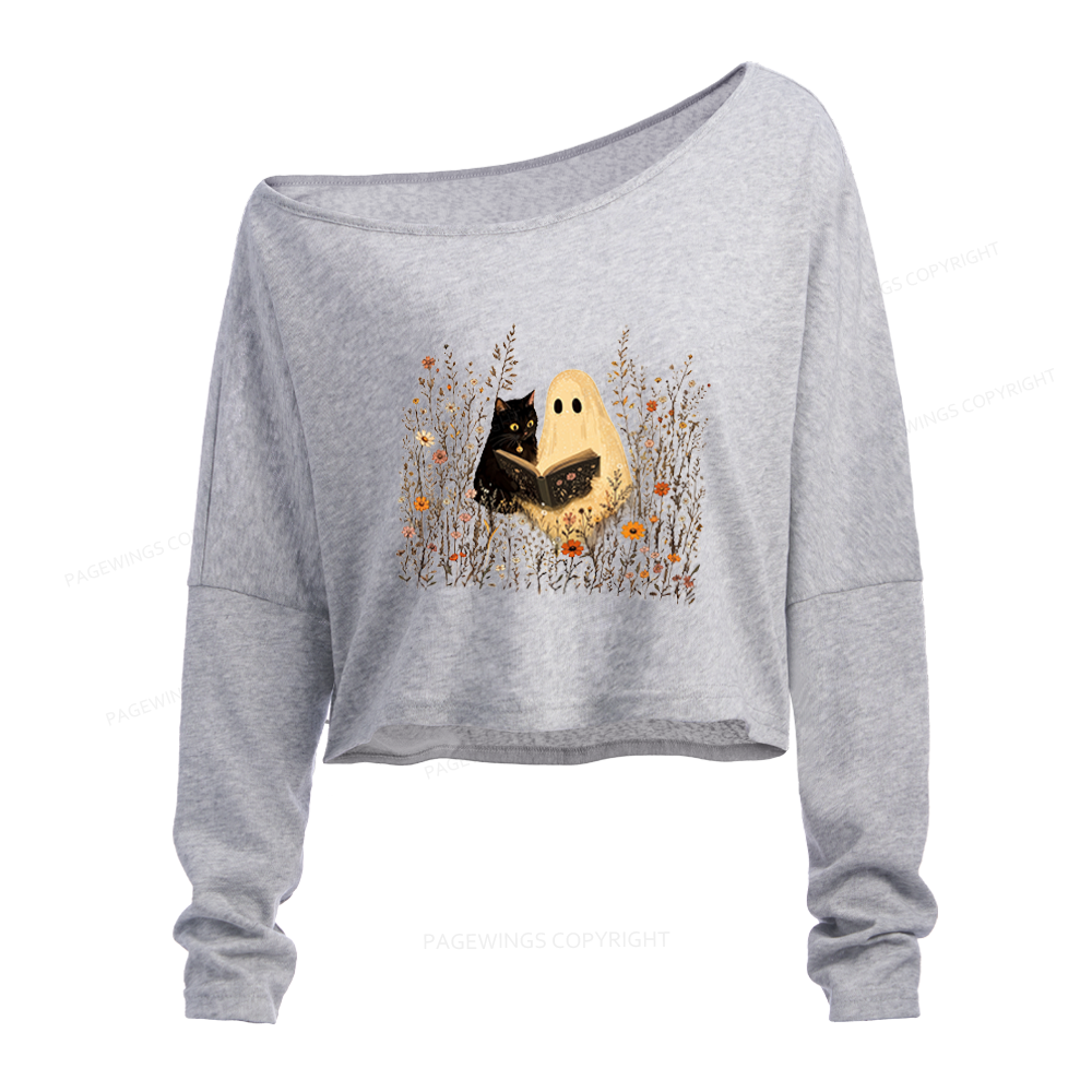 Pagewings Ghost Black Cat Reading Slouchy Long Sleeve Off Shoulder T-shirt