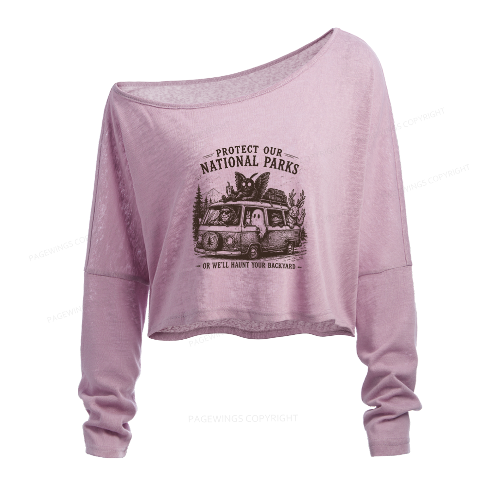 Pagewings Protect Our National Parks Slouchy Long Sleeve Off Shoulder T-shirt