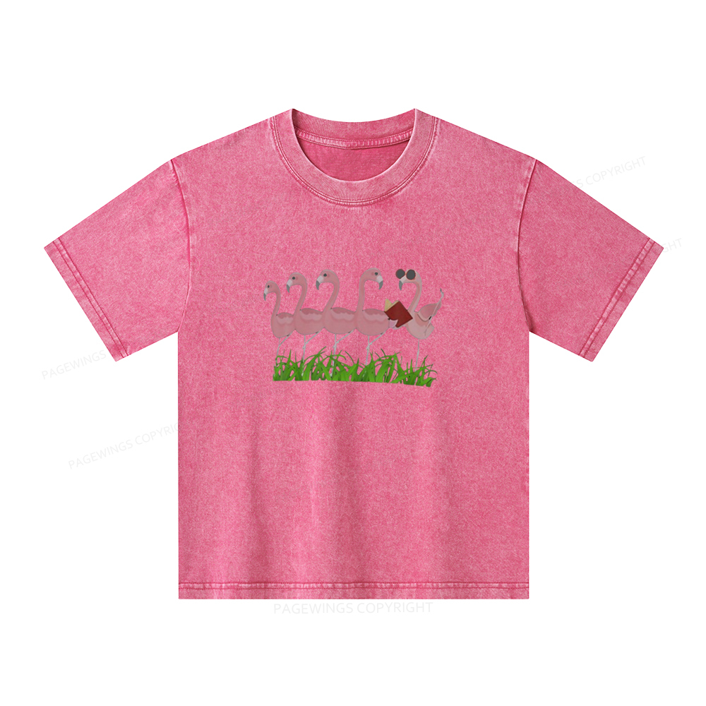 Pagewings Funny Flamingo Reading Book Unisex Kids Washed T-shirt