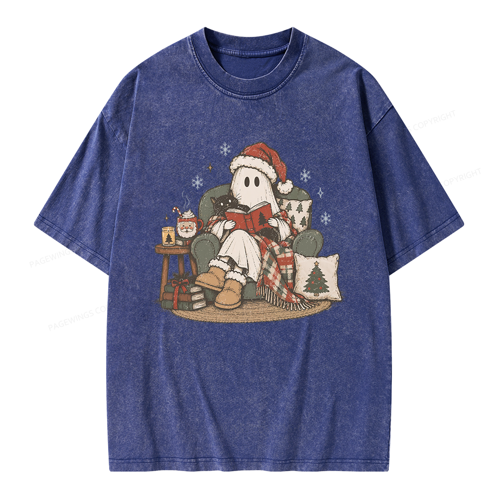 Pagewings Christmas Ghost Reading Unisex Washed T-shirt