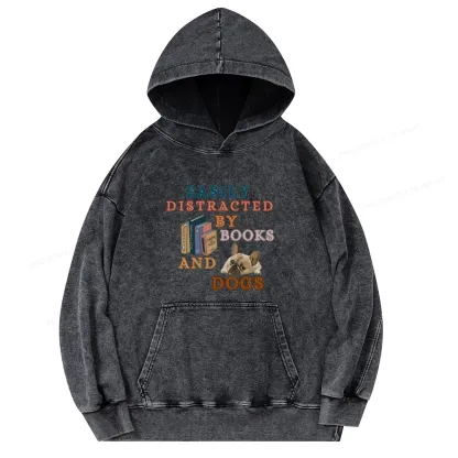 Pagewings Easily Distracted By Books And Dogs Unisex Washed Hoodie