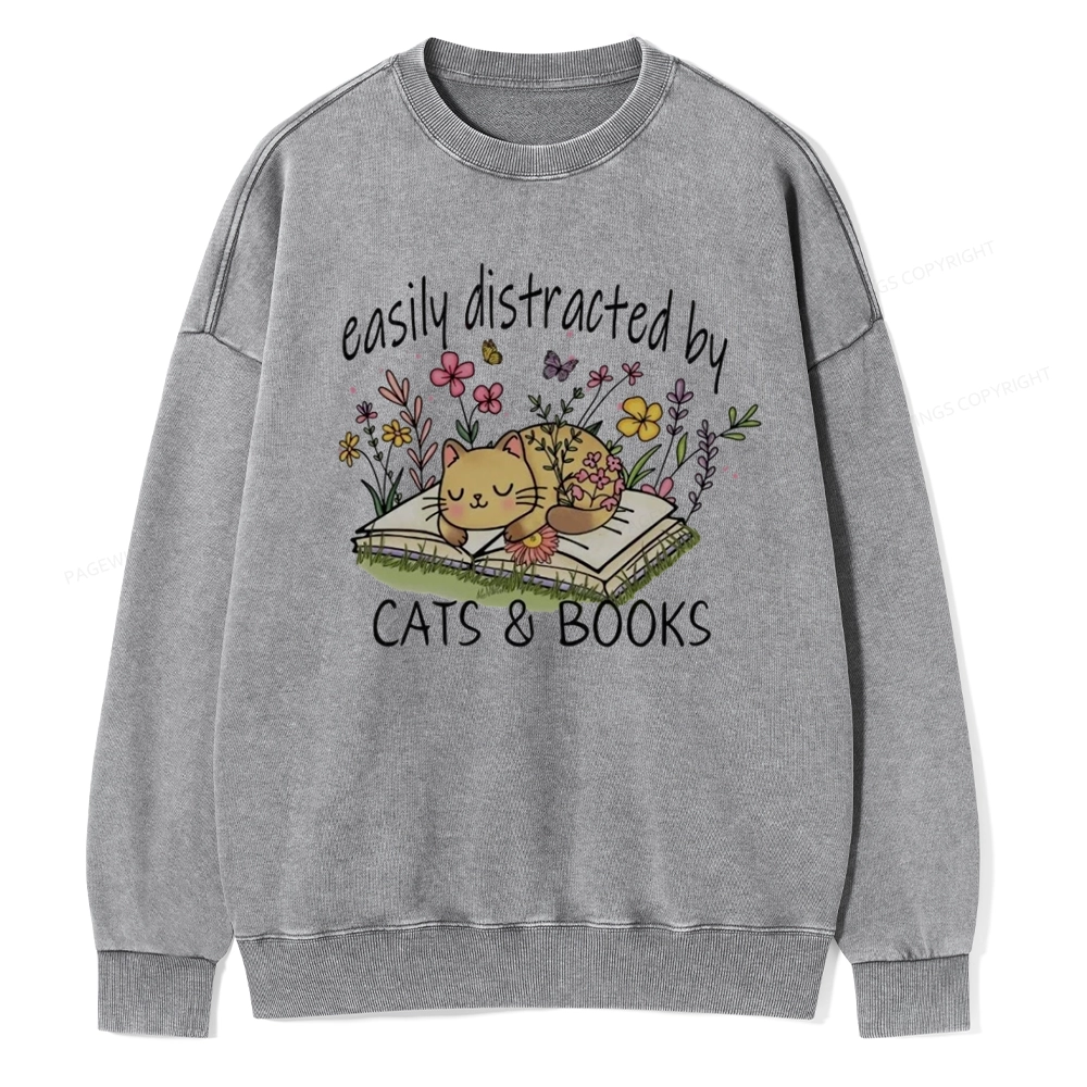 Pagewings Easily Distracted By Cats And Books Unisex Washed Sweatshirt
