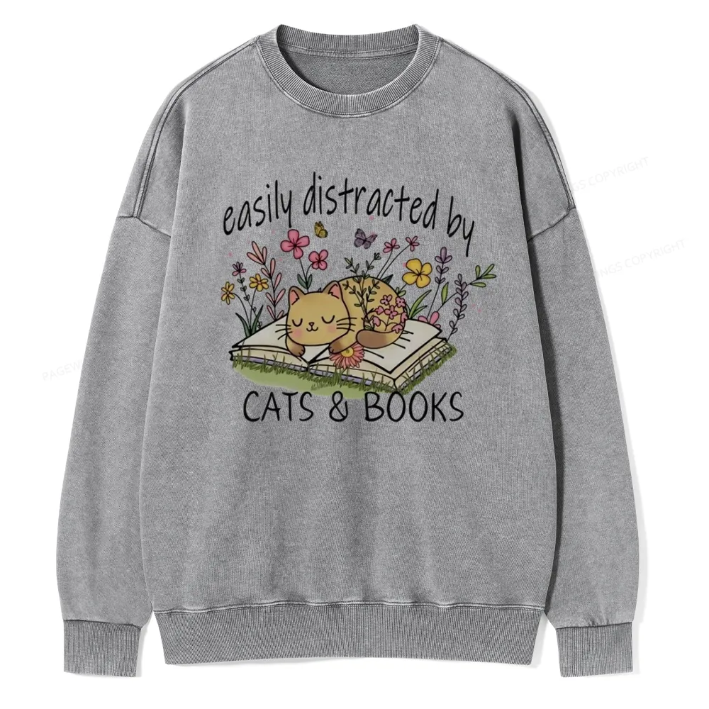Pagewings Easily Distracted By Cats And Books Unisex Washed Sweatshirt