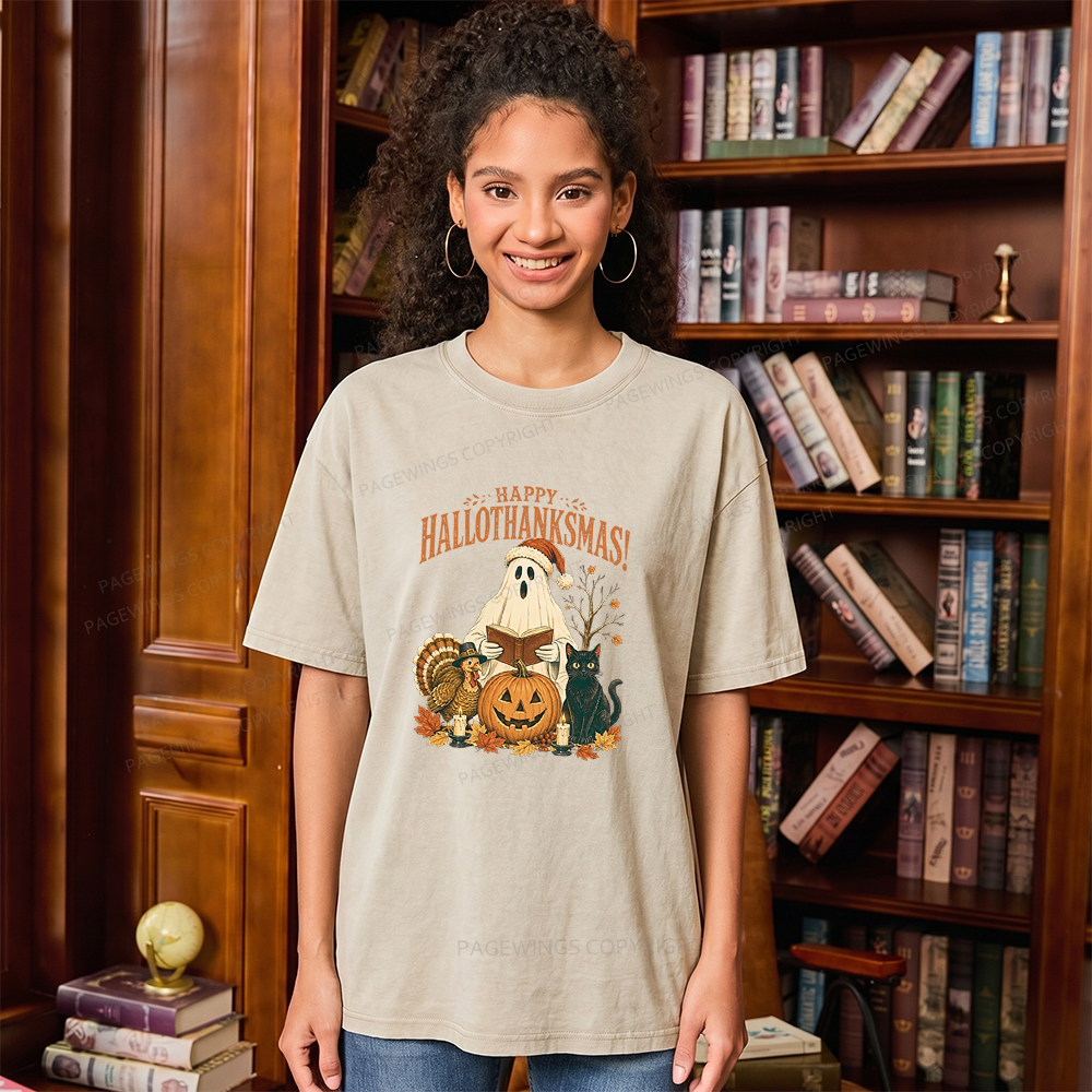 Pagewings Happy Hallothanksmas Unisex Washed T-shirt