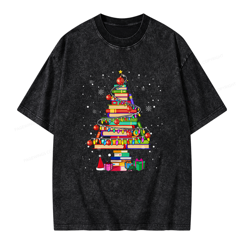 Pagewings Merry Christmas Library Tree Unisex Washed T-shirt
