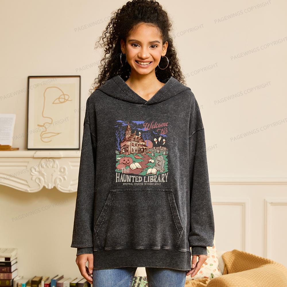 Pagewings Welcome To The Haunted Library Unisex Washed Hoodie