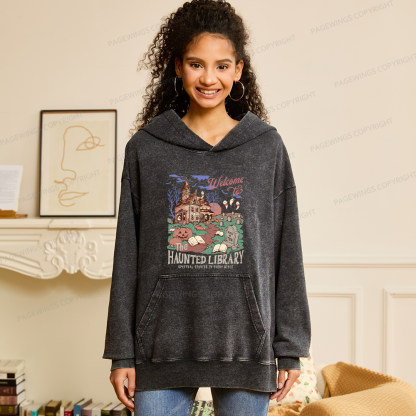 Pagewings Welcome To The Haunted Library Unisex Washed Hoodie