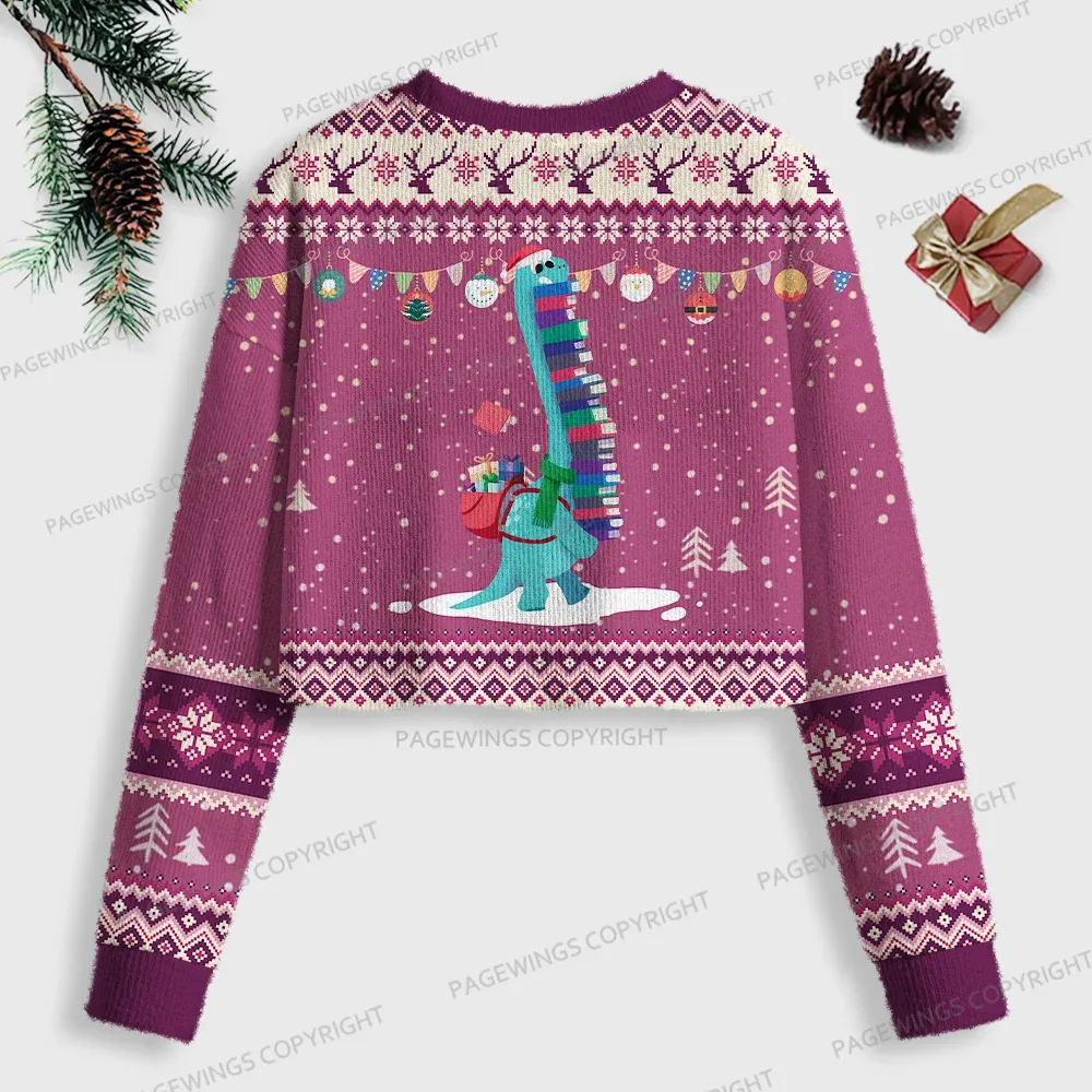 Pagewings Dinosaur Reading Women Ugly Crop Sweatshirt