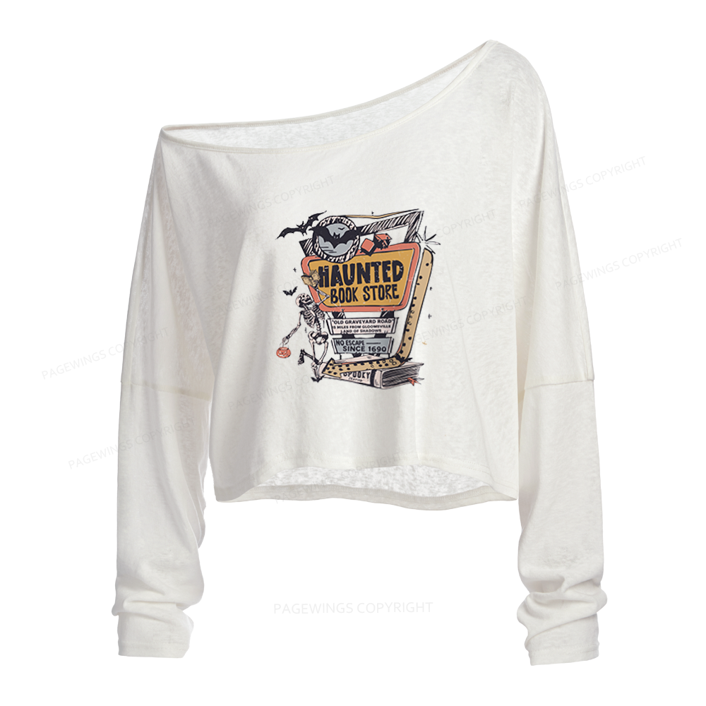 Pagewings 90s Vintage Haunted Book Store Slouchy Long Sleeve Off Shoulder T-shirt
