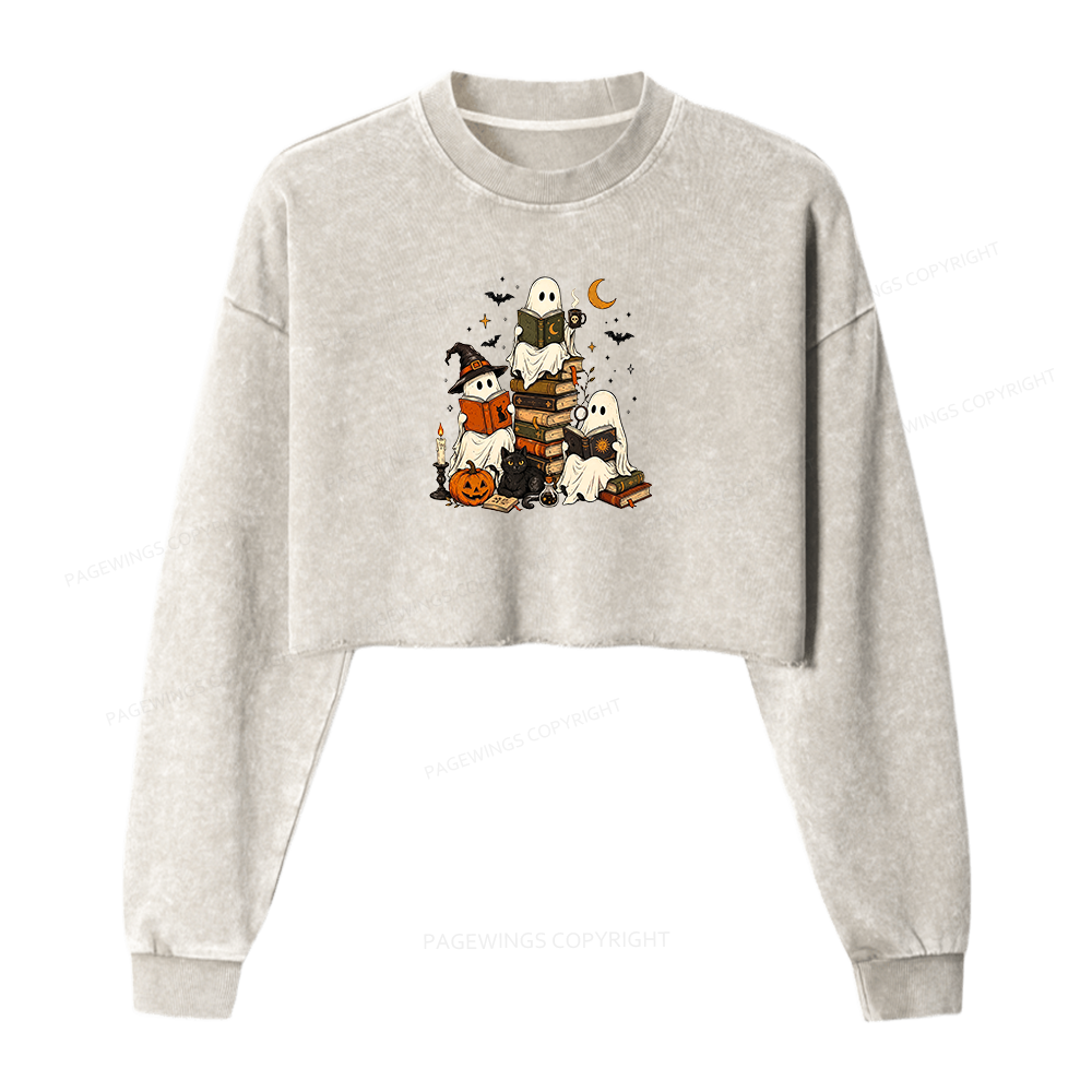 Pagewings Halloween Book Club Washed Crop Sweatshirt