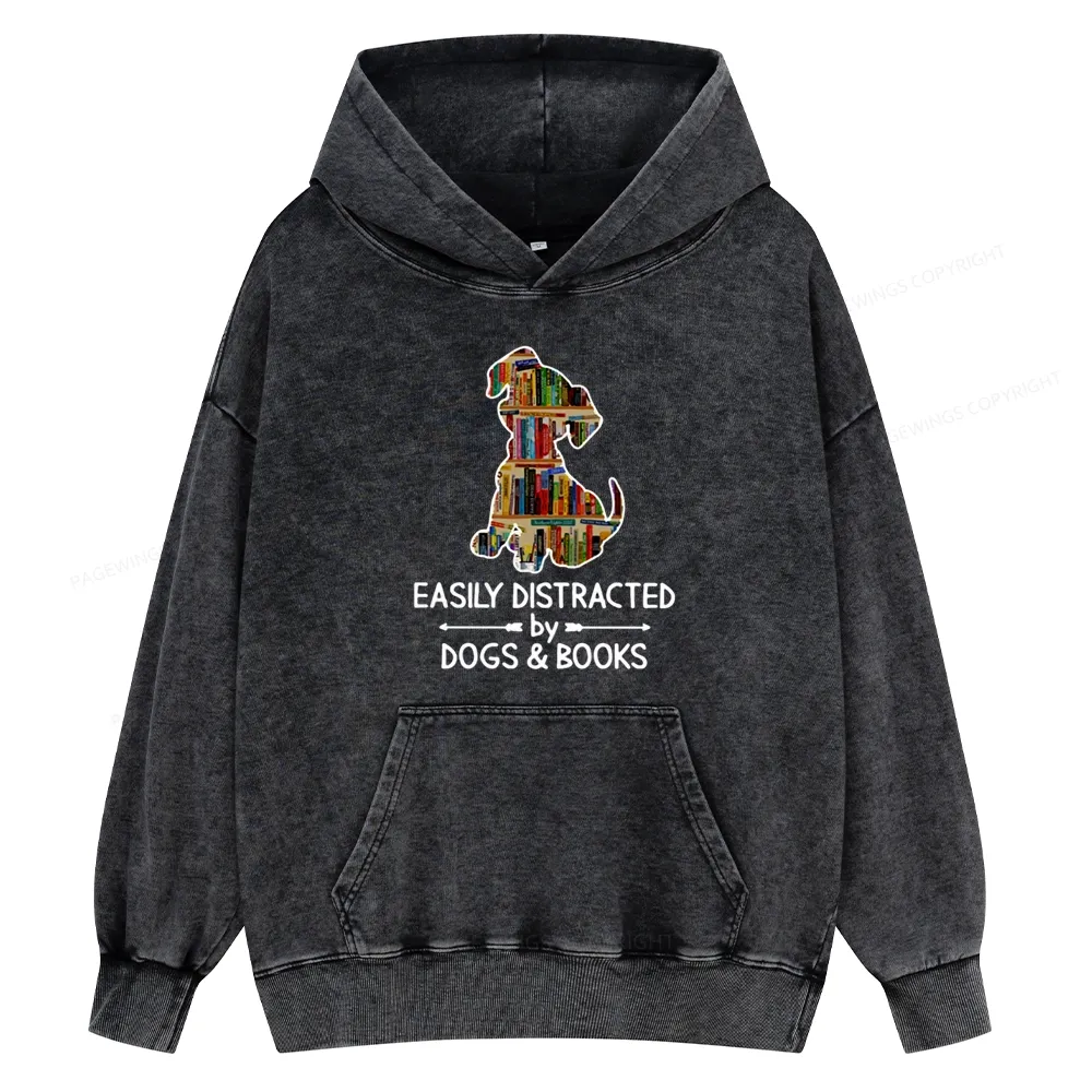 Pagewings Easily Distracted By Dogs And Books Unisex Washed Hoodie