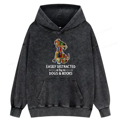Pagewings Easily Distracted By Dogs And Books Unisex Washed Hoodie