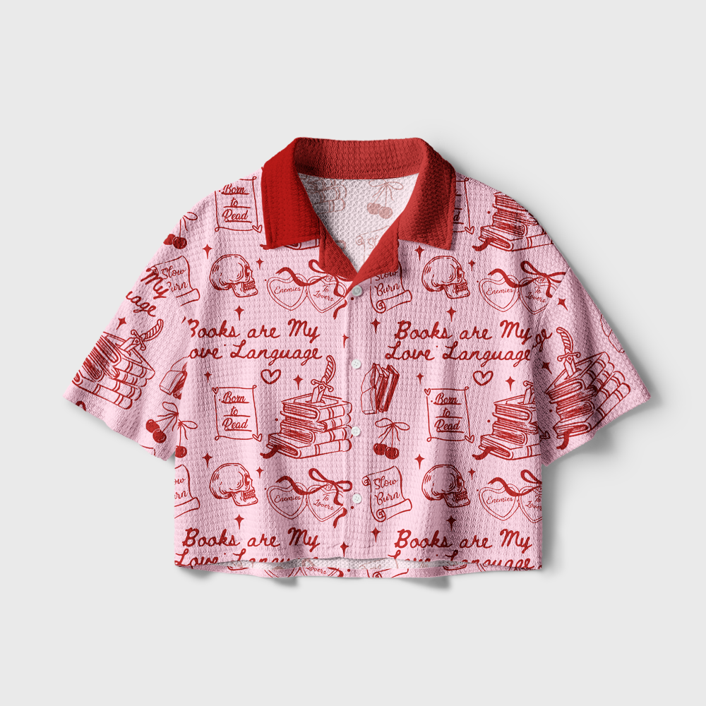 Pagewings Books Are My Love Language Camp Collar Boxy Fit Unisex Crochet Shirt