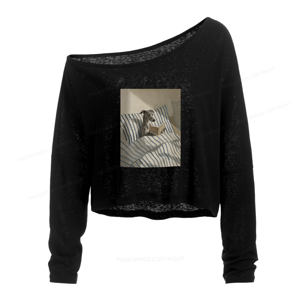 Pagewings Greyhound Dog Slouchy Long Sleeve Off Shoulder T-shirt