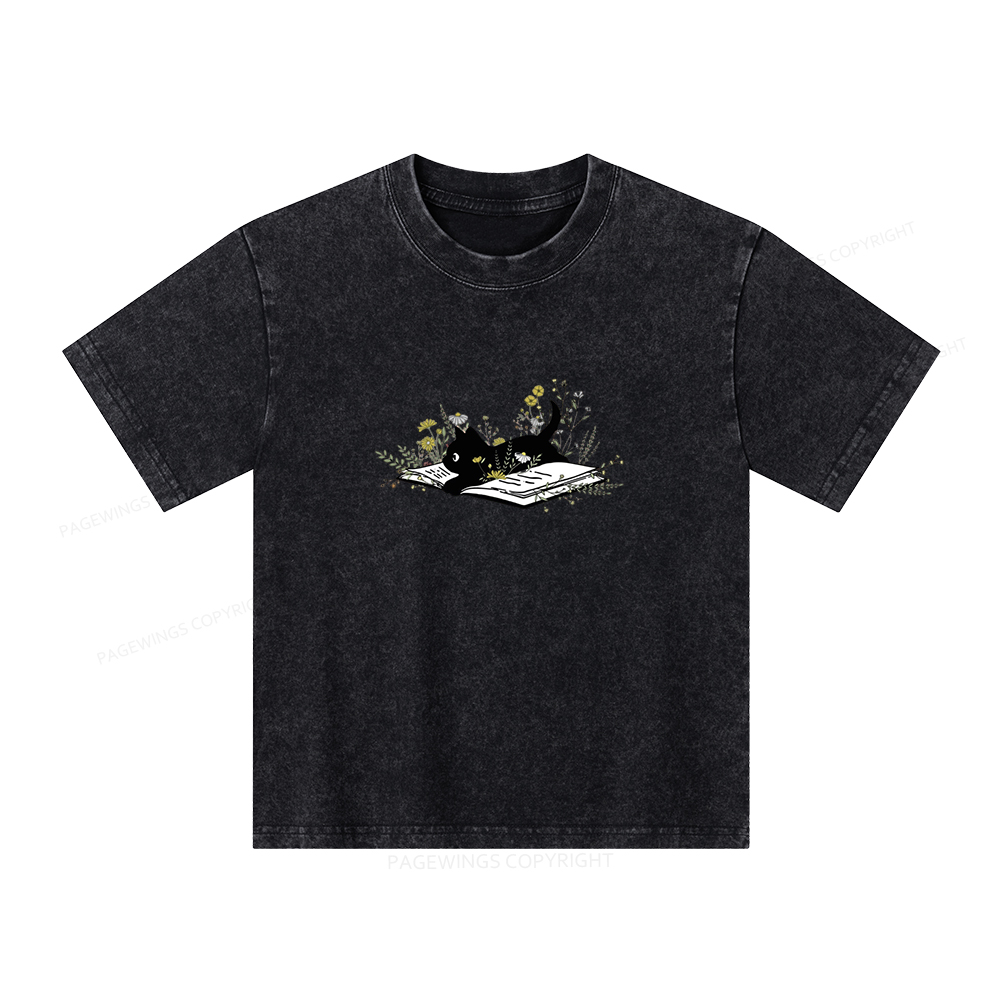 Pagewings Cute Book Cat Unisex Kids Washed T-shirt
