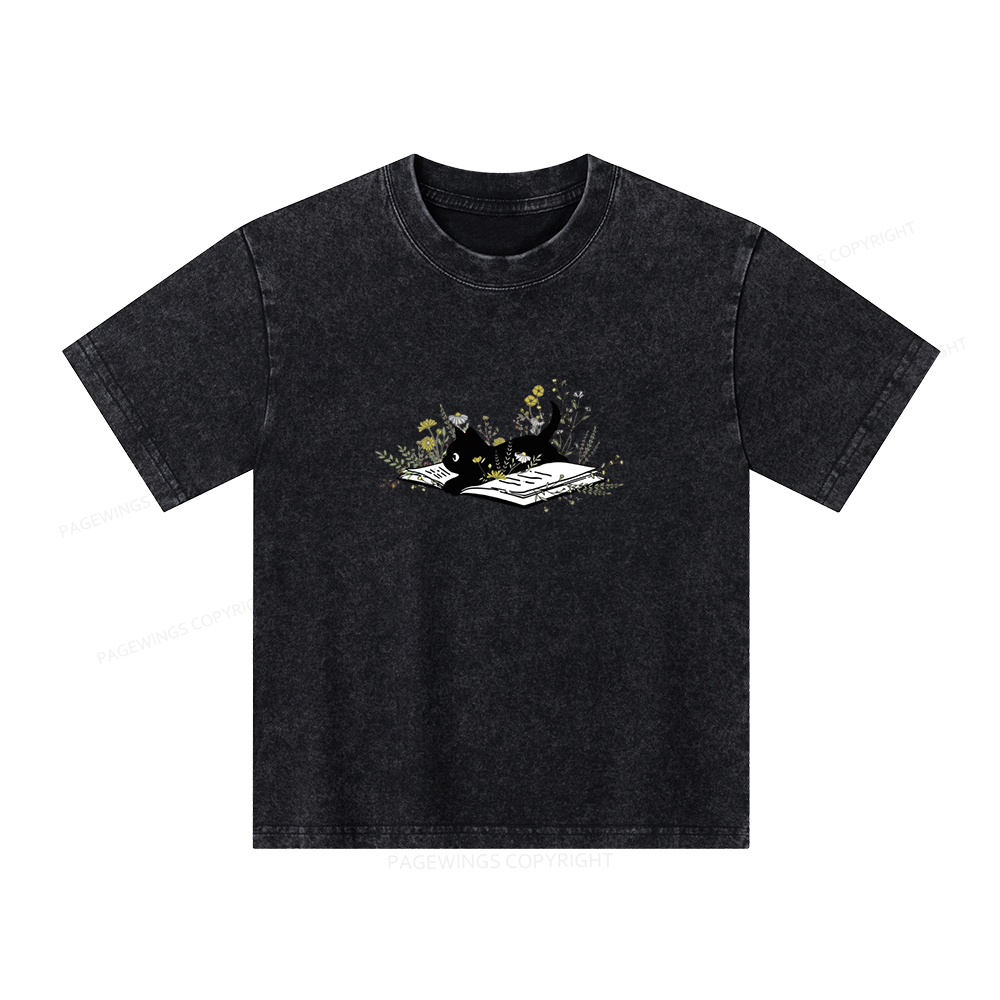 Pagewings Cute Book Cat Unisex Kids Washed T-shirt