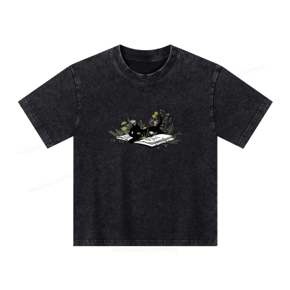 Pagewings Cute Book Cat Unisex Kids Washed T-shirt