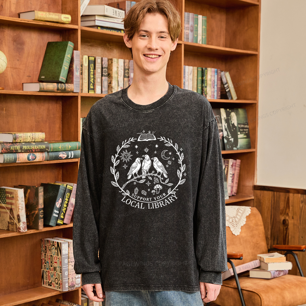 Pagewings Support Your Local Library Unisex Washed Long Sleeve T-shirt