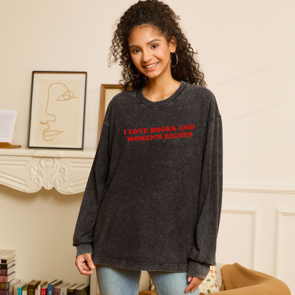 Pagewings I Love Books And Women's Rights Unisex Washed Long Sleeve T-shirt