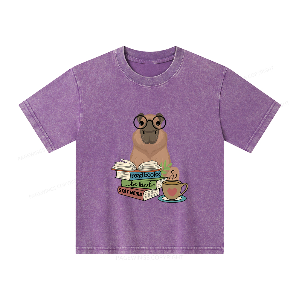 Pagewings Capybara Reading Unisex Kids Washed T-shirt