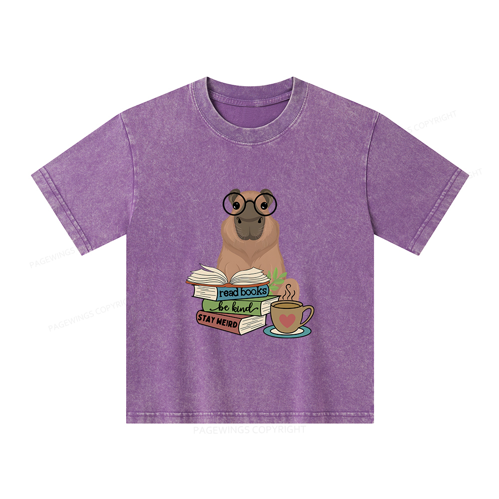 Pagewings Capybara Reading Unisex Kids Washed T-shirt