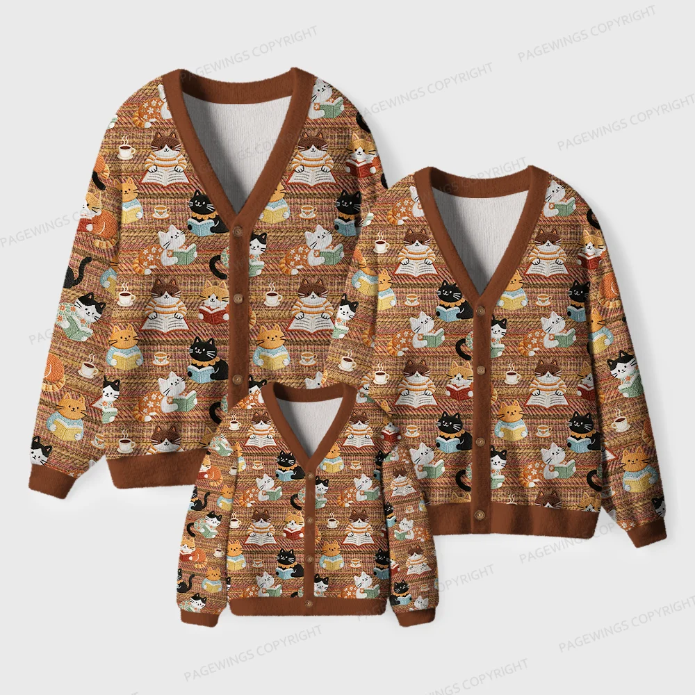 Pagewings Cats And Reading Unisex Ugly Cardigan Sweaters