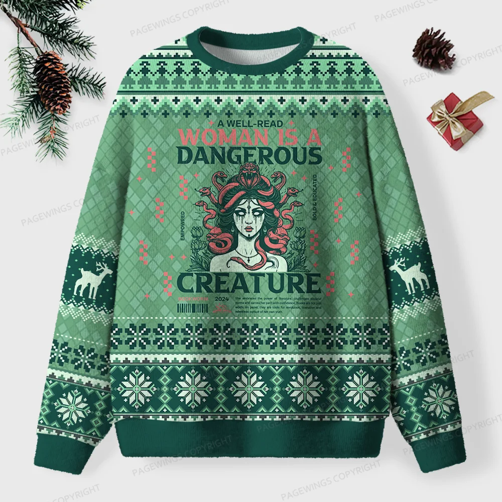 Pagewings A Well-Read Woman Is A Dangerous Creature Unisex Ugly Knit Sweatshirt