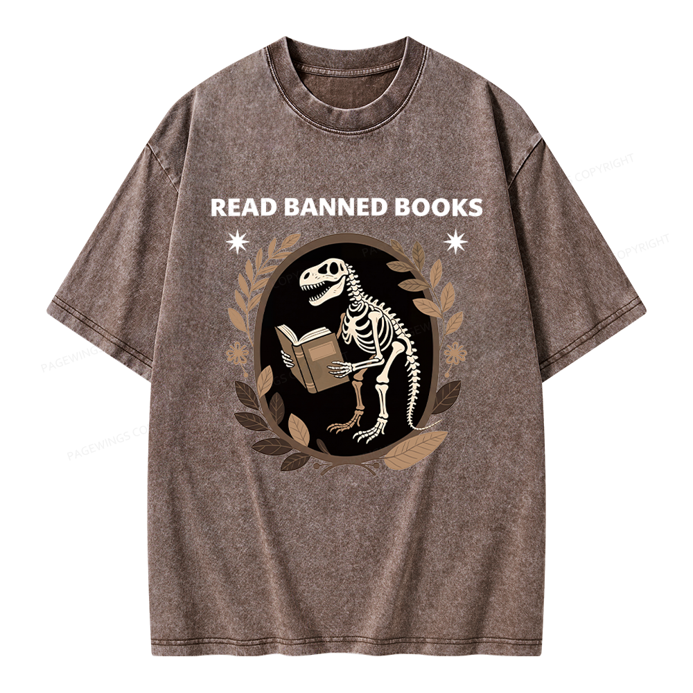 Pagewings Vintage Dinosaur Skeleton Reading Book Unisex Washed T-shirt