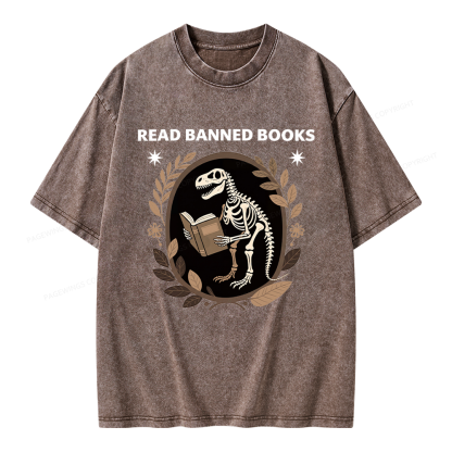 Pagewings Vintage Dinosaur Skeleton Reading Book Unisex Washed T-shirt