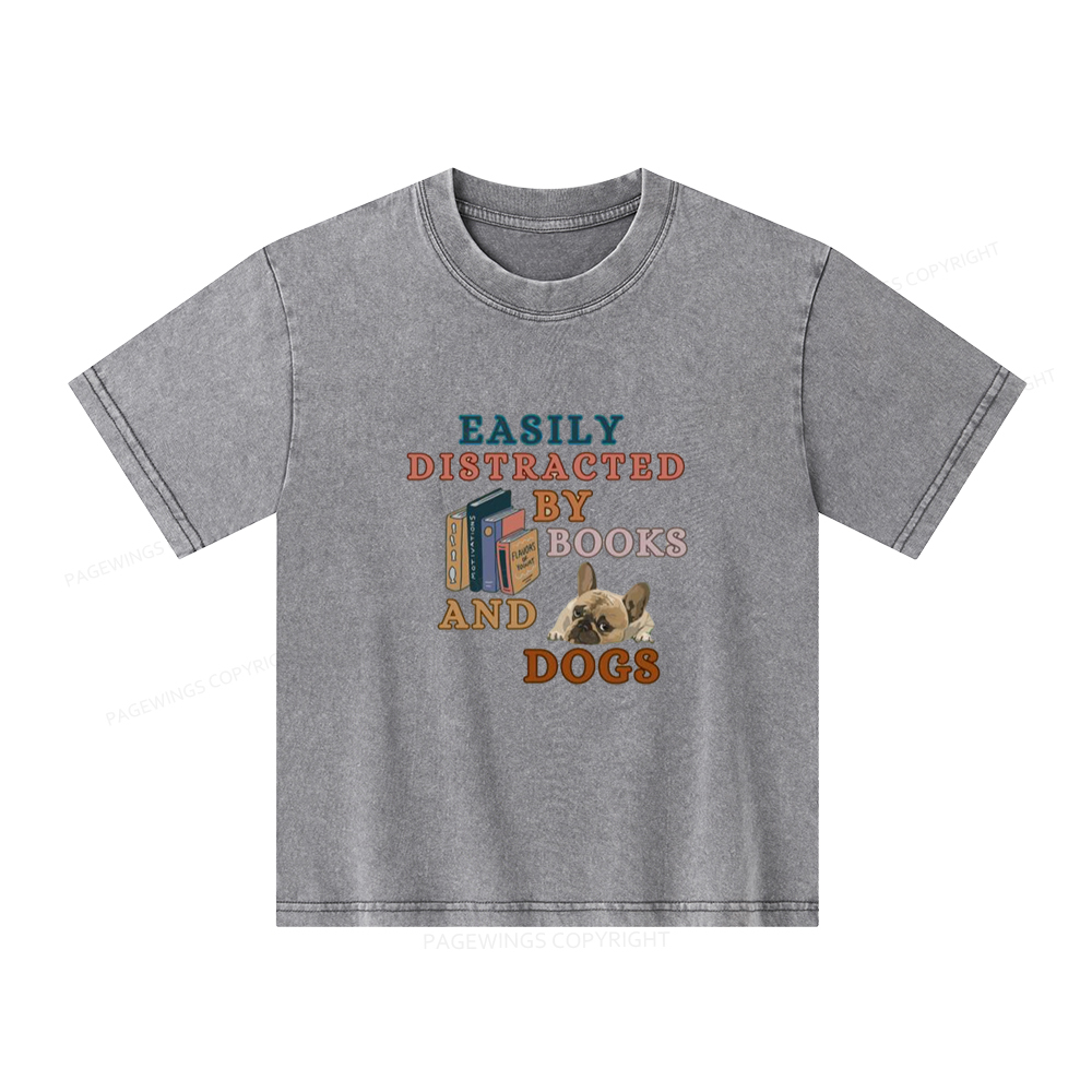 Pagewings Easily Distracted By Books And Dogs Unisex Kids Washed T-shirt