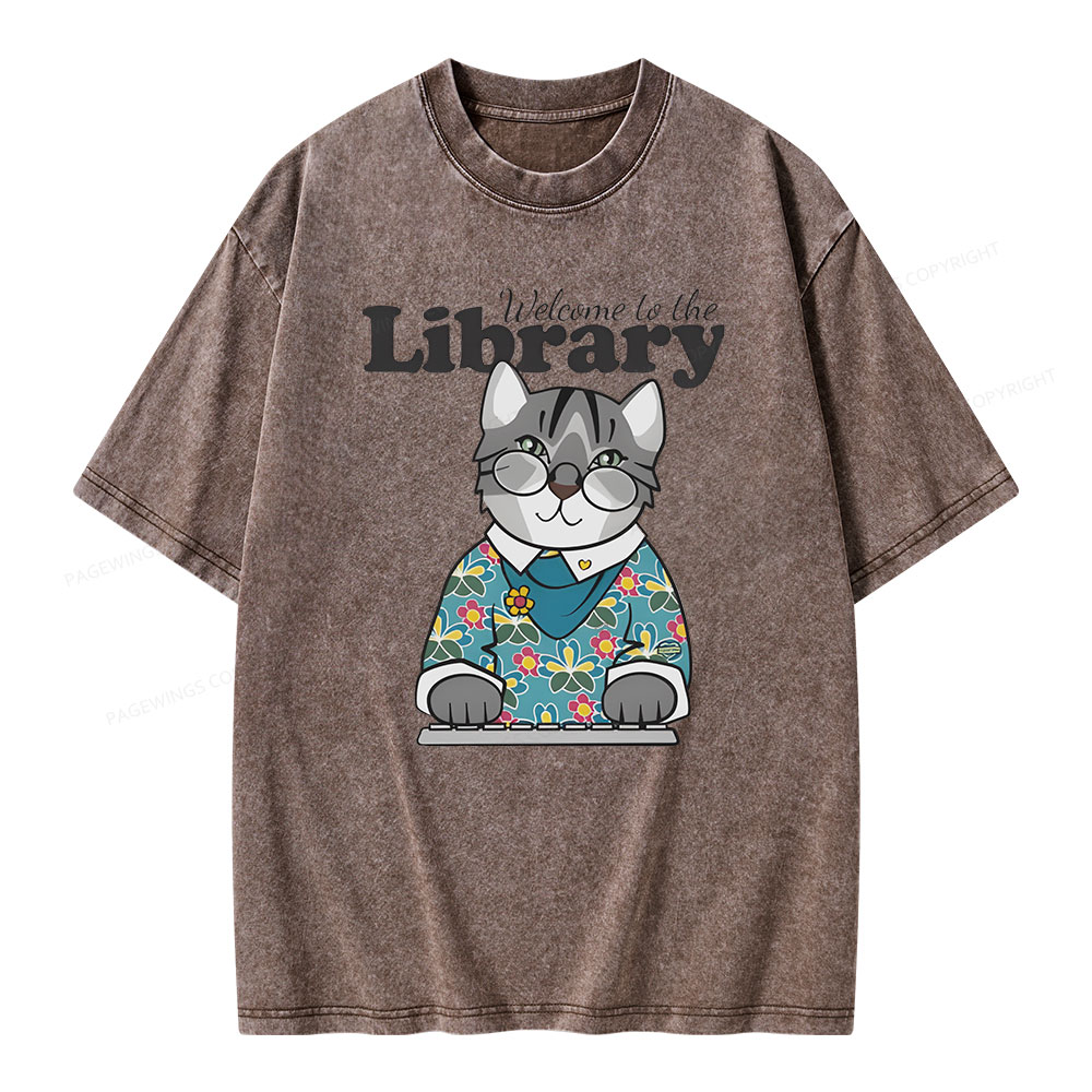 Pagewings Welcome to the Library Cat Unisex Washed T-shirt