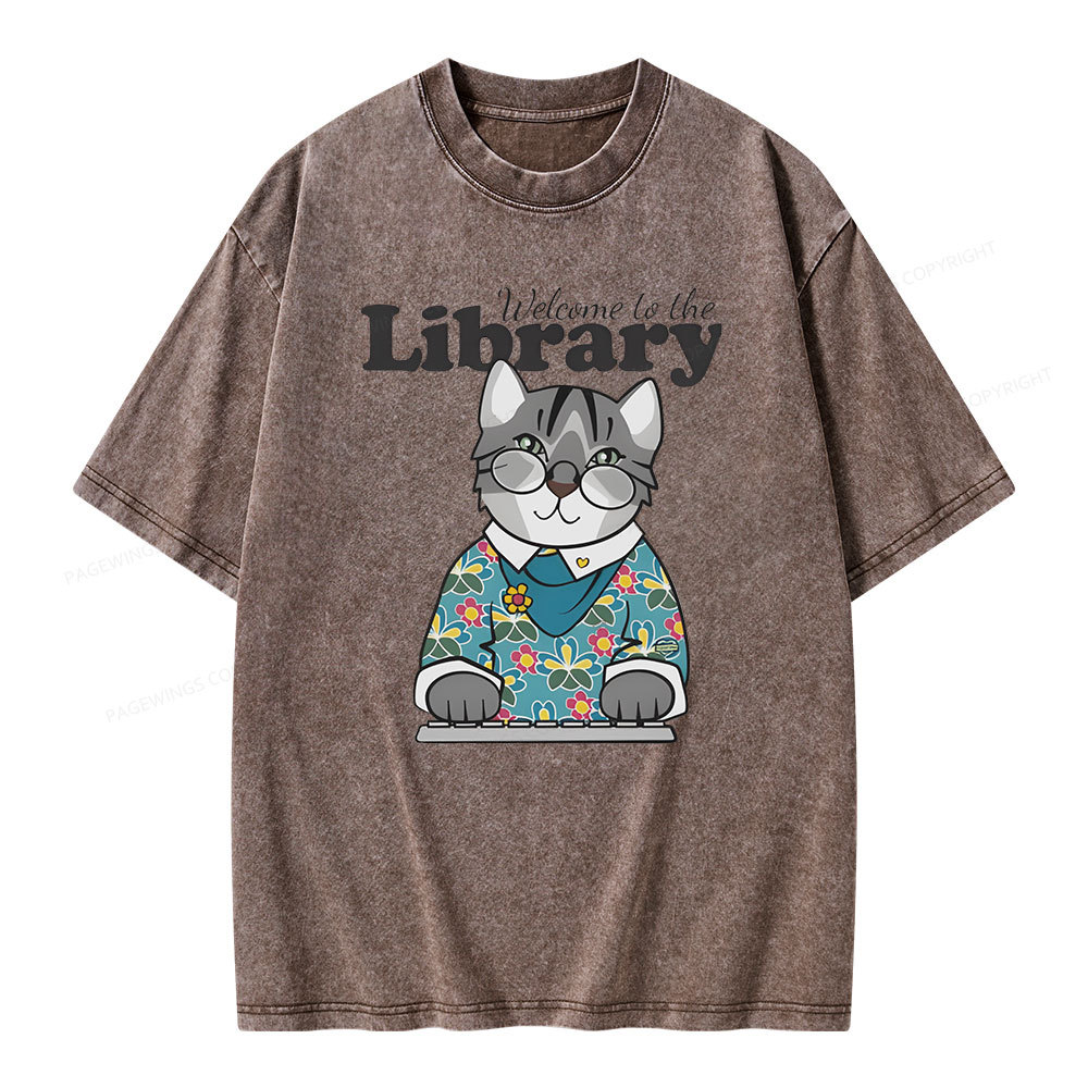 Pagewings Welcome to the Library Cat Unisex Washed T-shirt
