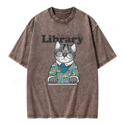 Pagewings Welcome to the Library Cat Unisex Washed T-shirt