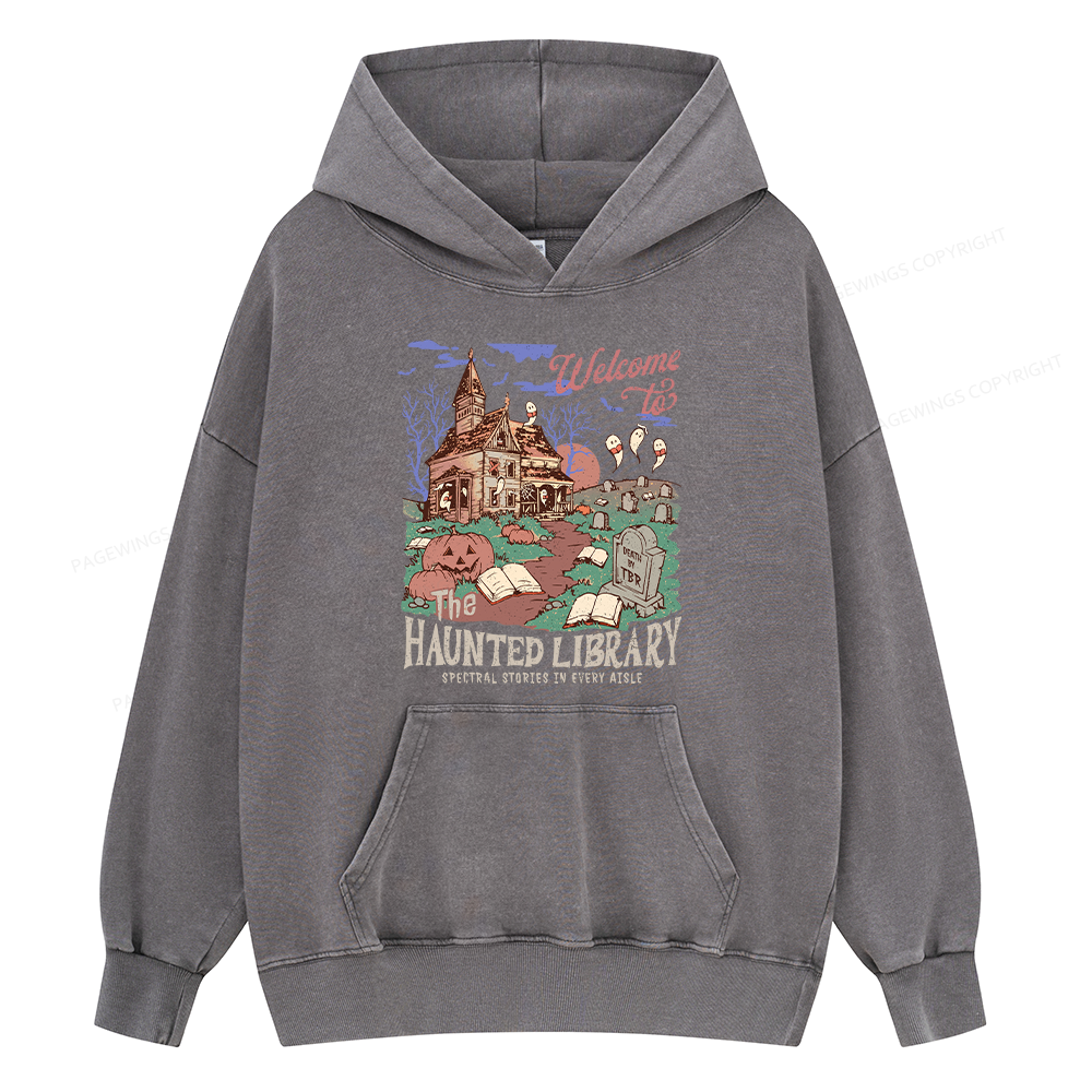 Pagewings Welcome To The Haunted Library Unisex Washed Hoodie