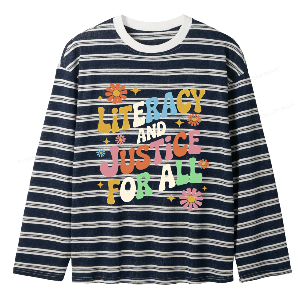 Pagewings Literacy And Justice For All Unisex Striped Long Sleeve T-Shirt