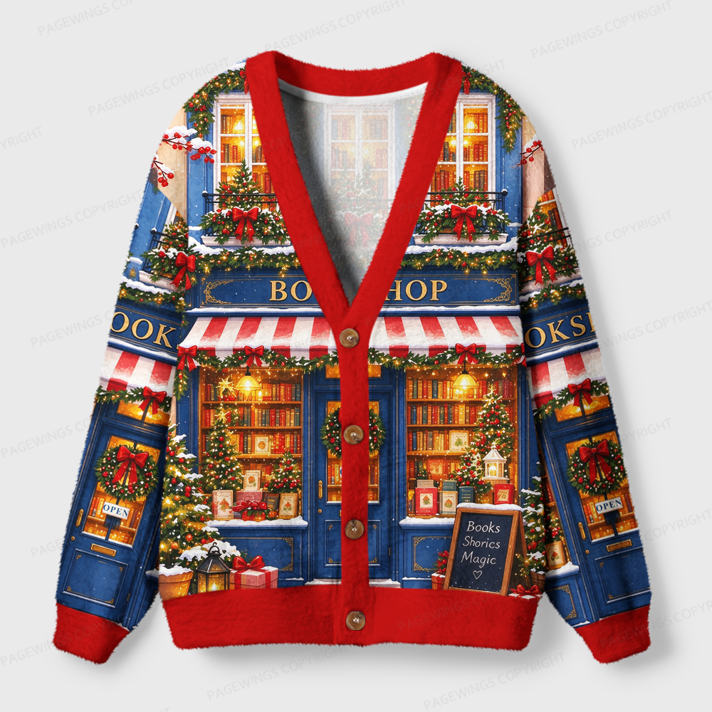 Pagewings Christmas Bookstore Light Knit Unisex Cardigan Sweaters