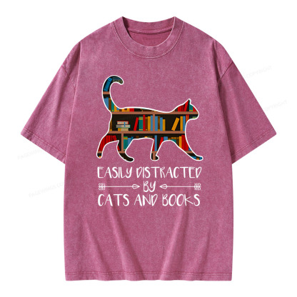 Pagewings Funny Cat Book Lover Easily Distracted By Cats And T-Shirt  Unisex Washed T-shirt