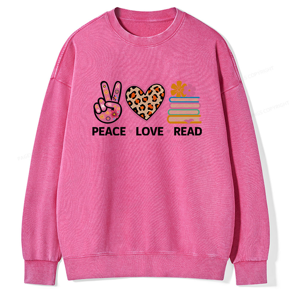 Pagewings Peace Love Read World Book Day Unisex Washed Sweatshirt